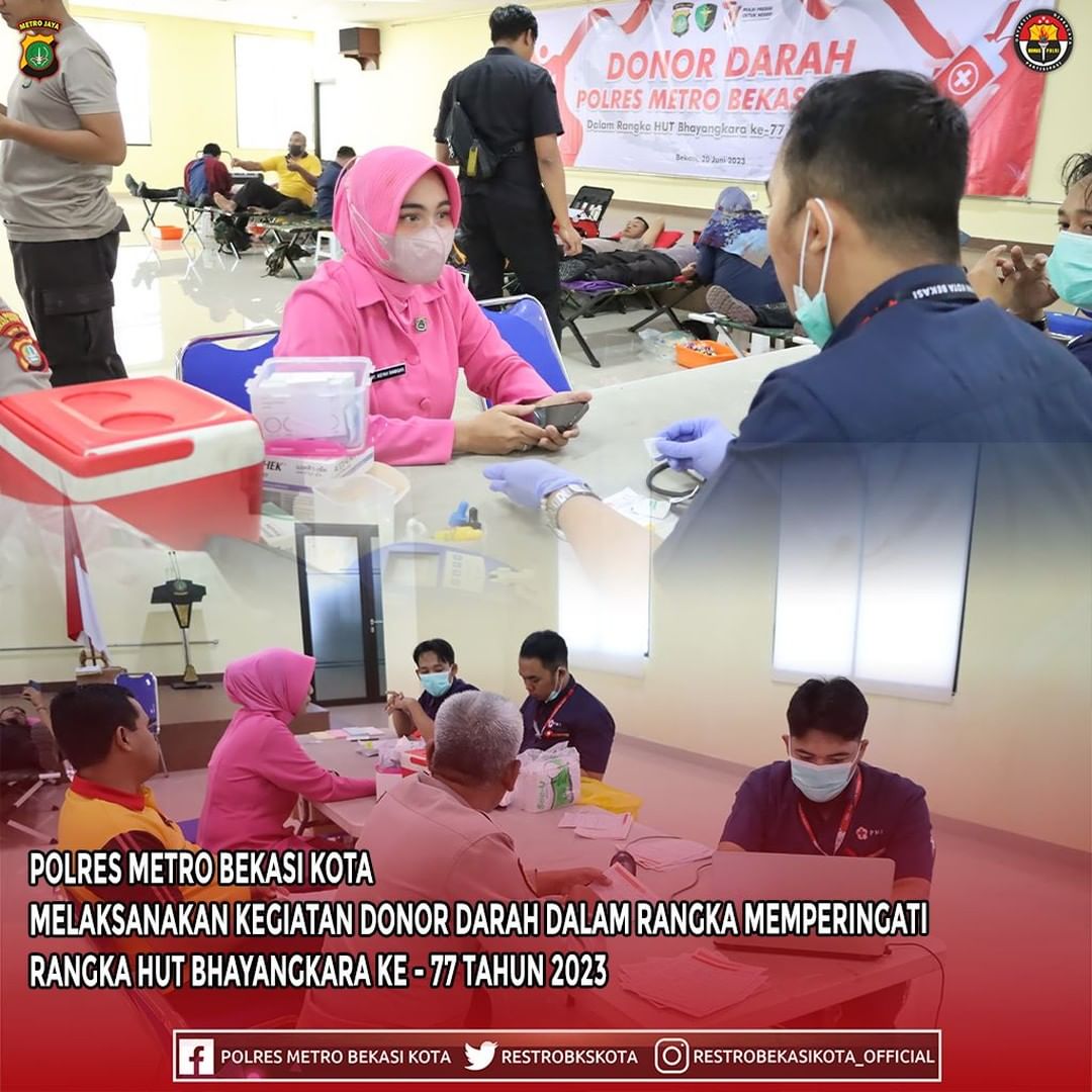 Polres Metro Bekasi Kota Melaksanakan Bakti Kesehatan Donor Darah Dalam Rangka HUT Bhayangkara ke – 77 Tahun 2023